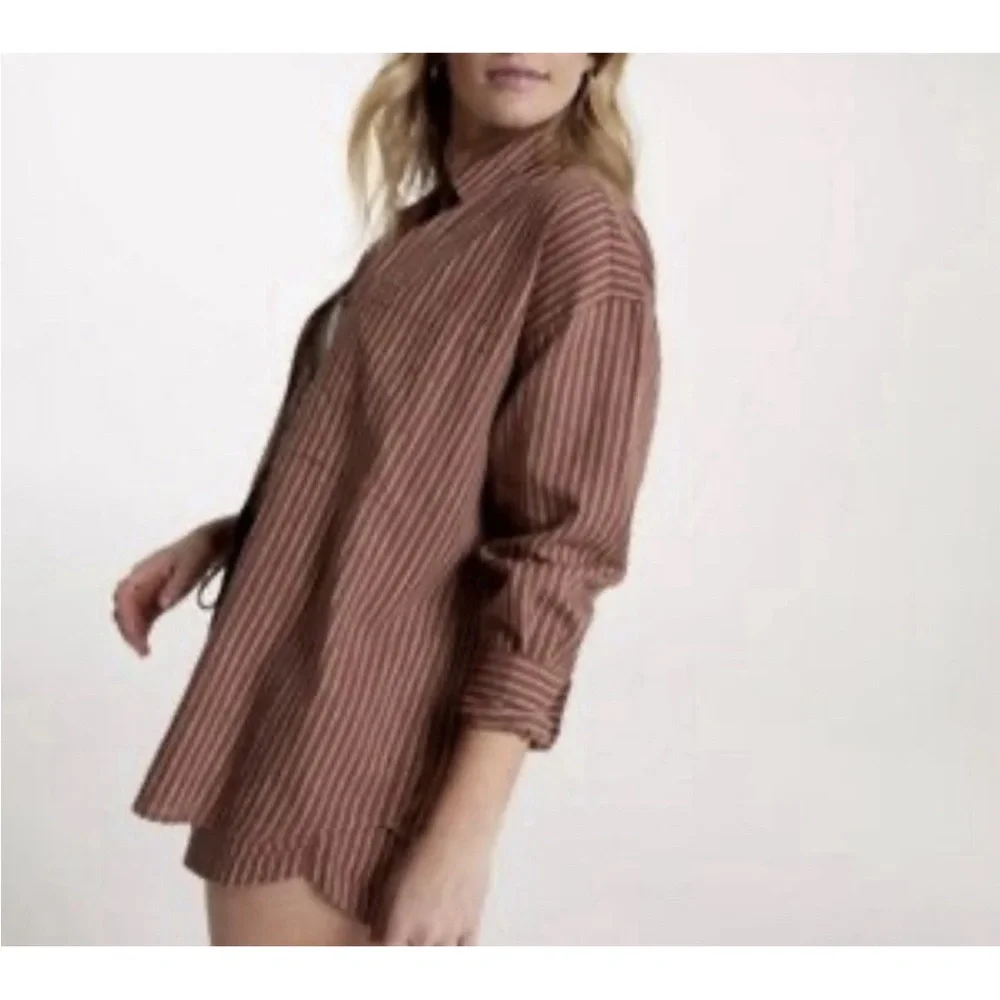 CALIA Womens Medium Brown Button Down Shirt Long Sleeve Linen Rayon Tunic Beach - Picture 2 of 14